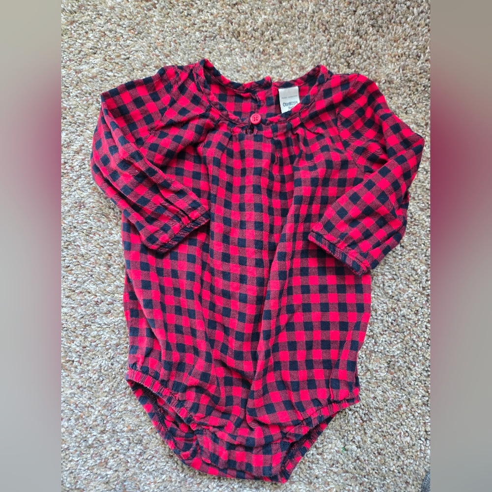 OshKosh B'gosh Red and Black Buffalo Plaid Onesie 9 Months 100% Cotton